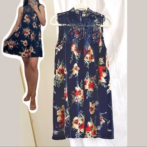 Navy floral tunic dress with lace detail NWT